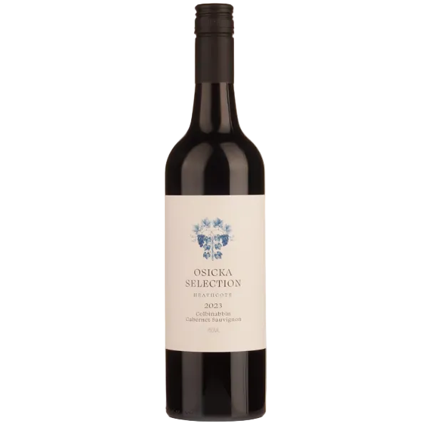 A bottle of Osicka Selection Healecote 2023 Coillonbarez Cabernet Sauvignon, featuring a dark glass bottle with a cream-colored label and a black screw cap, set against a light gray background.