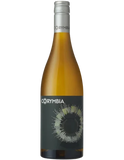 A bottle of Corymbia white wine with a dark charcoal label featuring a circular graphic, set against a plain white background.
