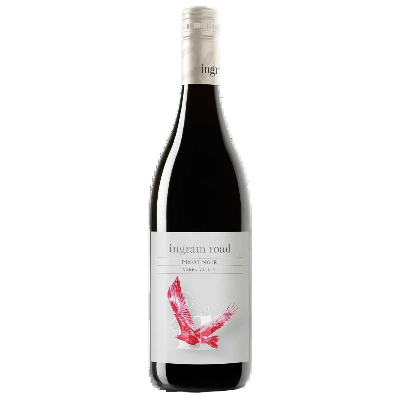 A bottle of Ingram Road Pinot Noir from Yarra Valley, featuring a dark glass bottle with a white label and a red bird illustration, set against a plain white background.