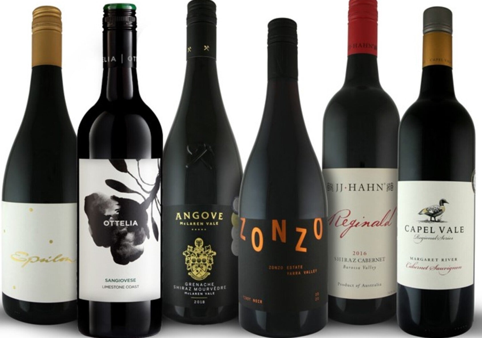 Australian red wine 6 pack mixed selection including Sangiovese, Shiraz, Pinot Noir, and Cabernet Sauvignon bottles