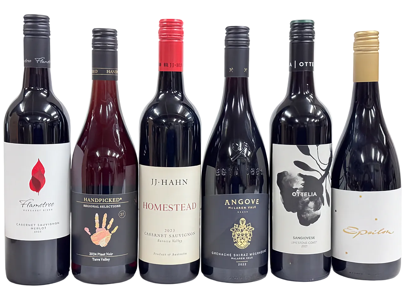 Six bottles of wine from different brands on a white background