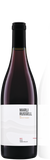 Red wine bottle with a white label on a white background