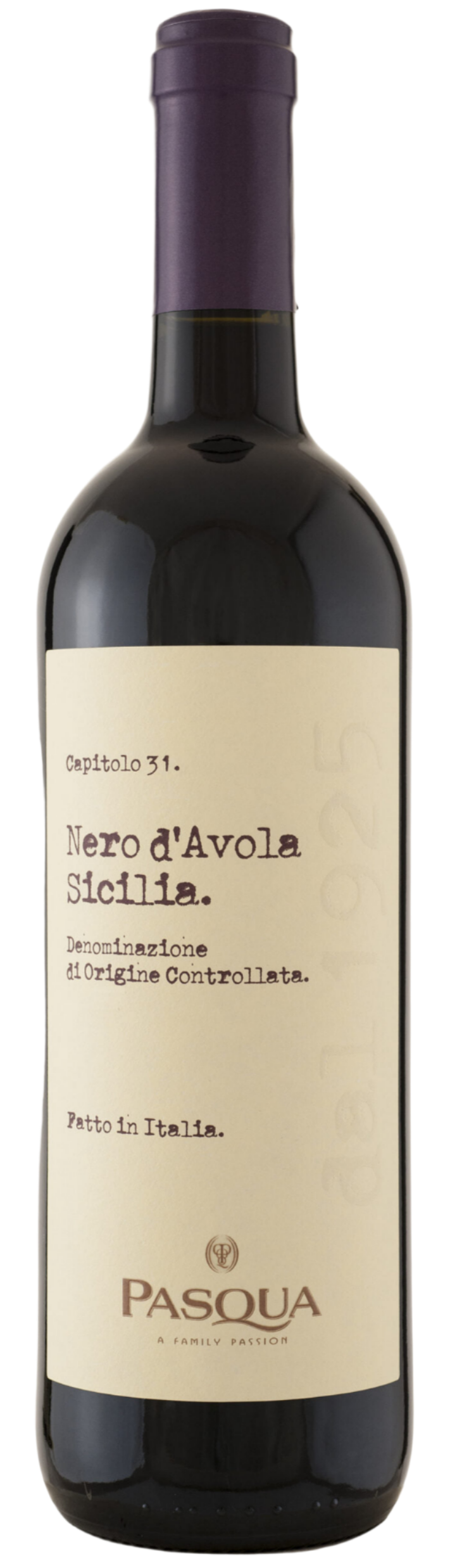 Bottle of Nero d’Avola Sicilia Pasqua wine- Patto in Italia