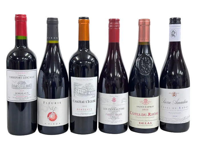 Collection of various wine bottles with labels on a white background