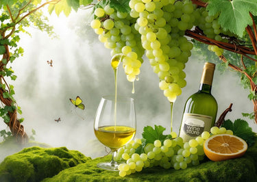 Wine bottle and glass with grapes and orange on a natural background