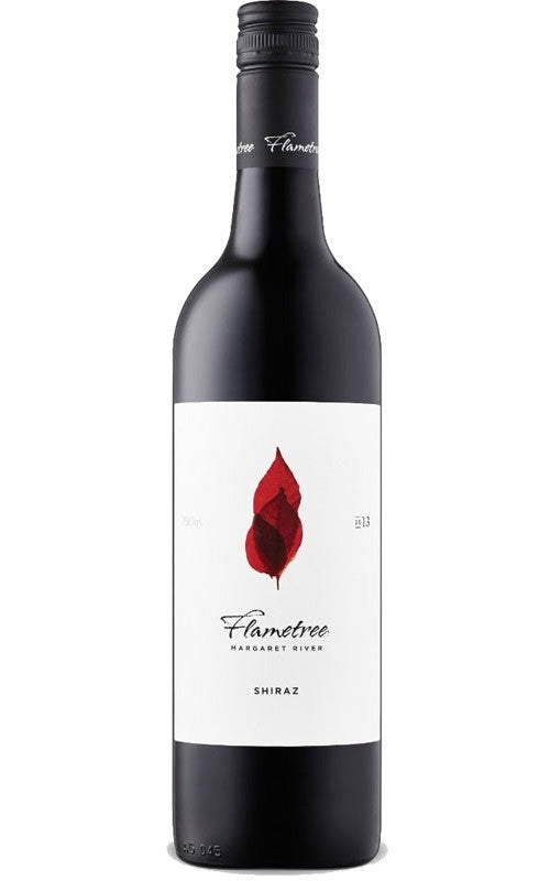 Flametree Shiraz red wine bottle with red leaf logo and 'Margaret River Shiraz' text