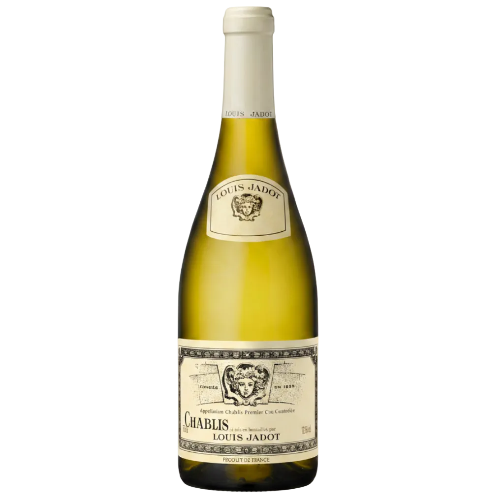 Louis Jadot Chablis Premier Cru Fourchaume bottle on a light background, square format