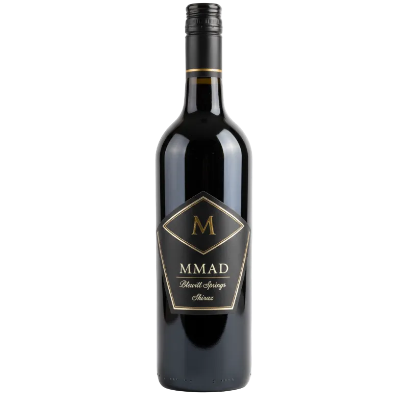 Wine bottle with 'MMAD' label on a white background
