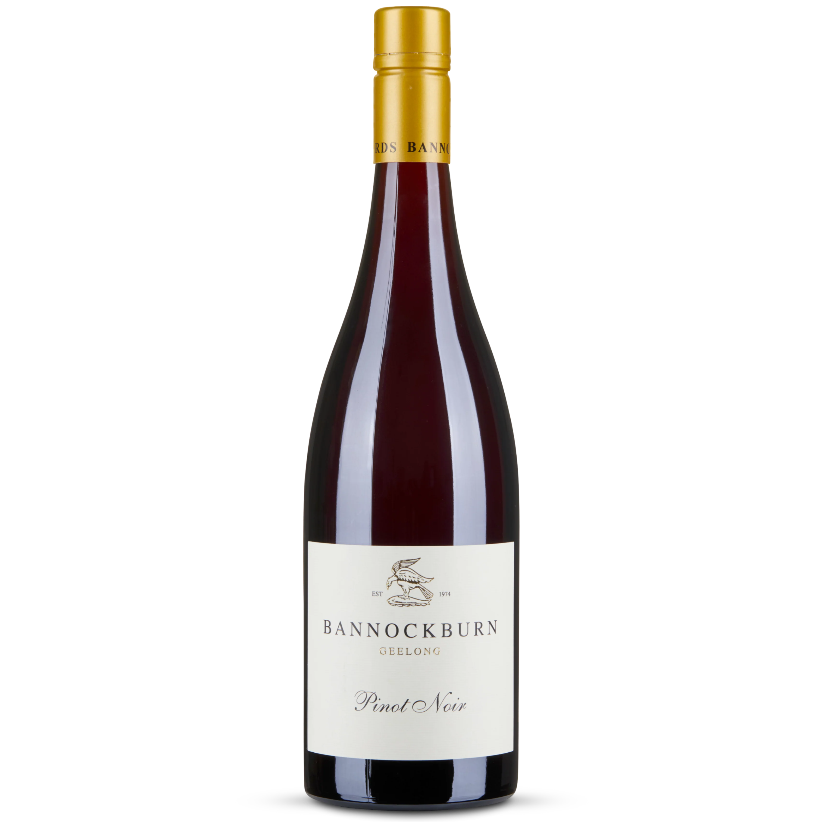 Bottle of Bannockburn Pinot Noir wine on a white background