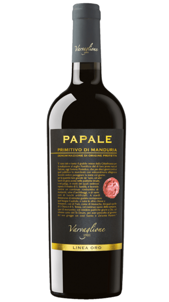 Bottiglia di vino rosso Varvaglione Papale Linea Oro Primitivo di Manduria