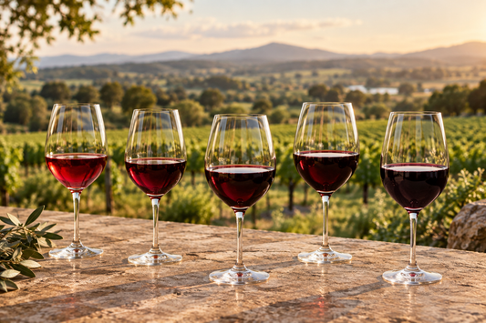 Glasses of red wine showing different styles and colours