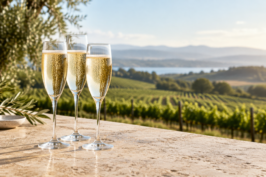 Three glasses of sparkling wine with fine bubbles on a stone table