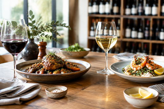 Red and white wine paired with dishes at a dinner table