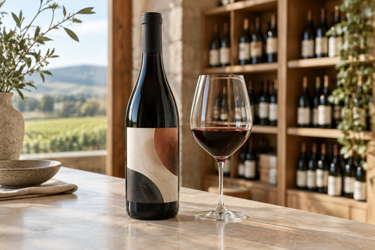 Wine bottle and glass on a stone table