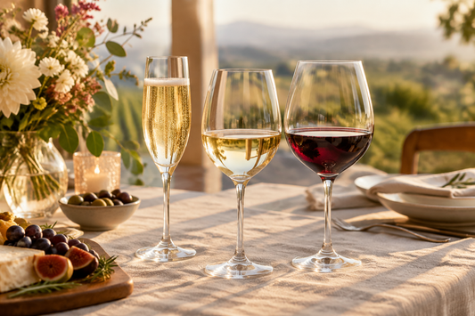 Red and white wine served with dishes at a dinner table
