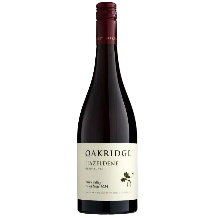 A bottle of Oakridge Hazeldene Gradydale red wine, featuring a dark glass bottle with a cream-colored label and a dark red foil capsule, set against a plain white background.