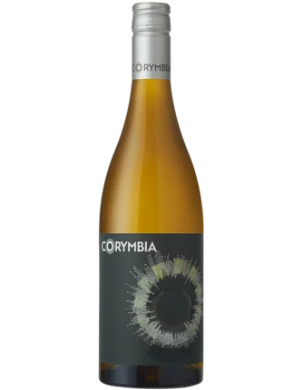 A bottle of Corymbia white wine with a dark charcoal label featuring a circular graphic, set against a plain white background.