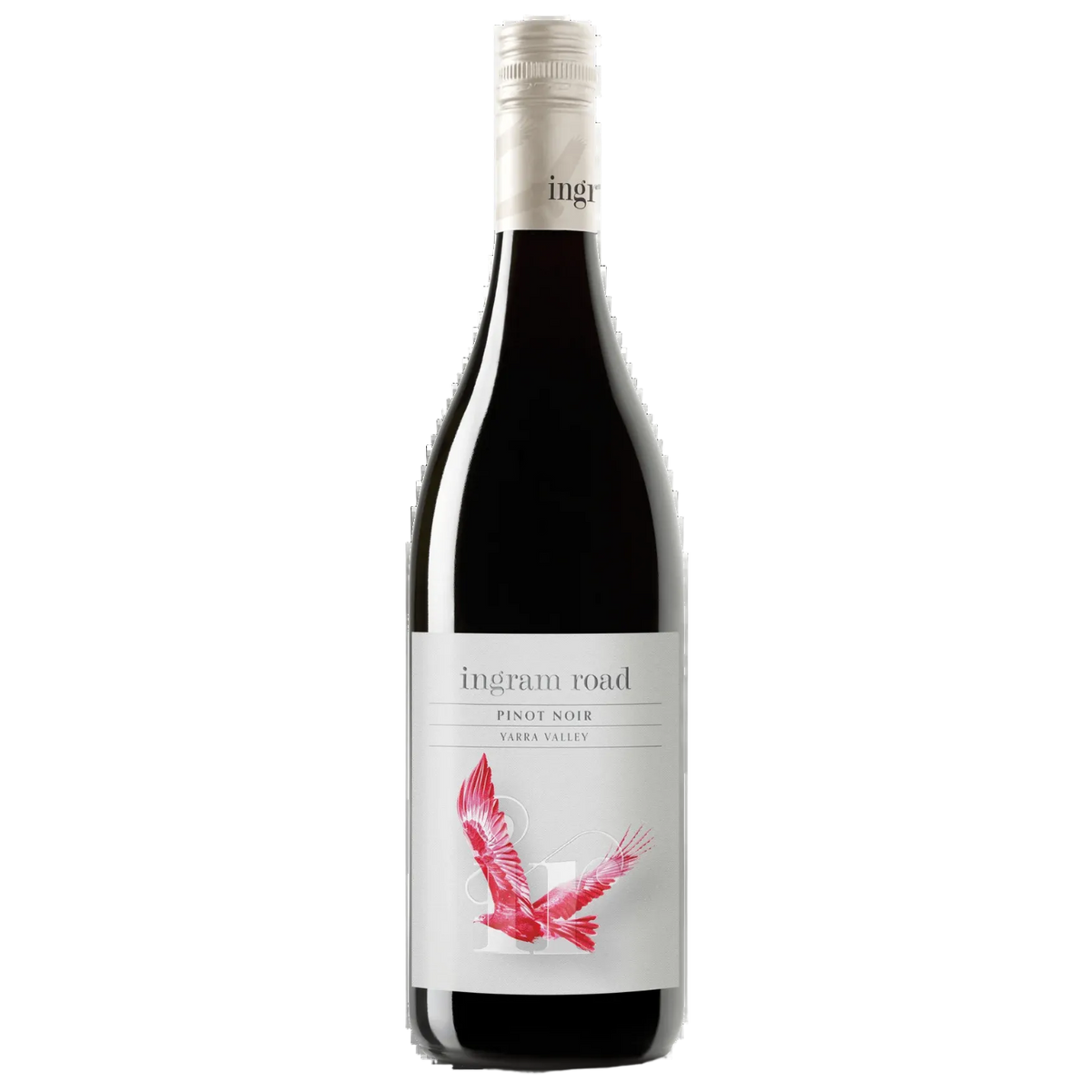 A bottle of Ingram Road Pinot Noir from Yarra Valley, featuring a dark glass bottle with a white label and a red bird illustration, set against a plain white background.