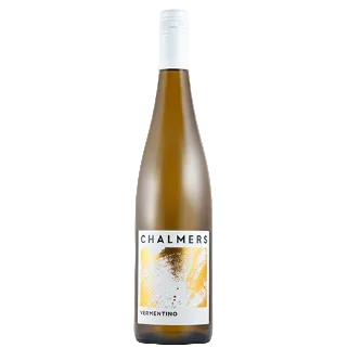 A bottle of Chalmers Vermentino white wine in a dark glass bottle with a white screw cap and a white label featuring a gold abstract design.