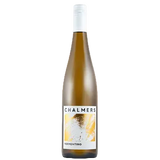 A bottle of Chalmers Vermentino white wine in a dark glass bottle with a white screw cap and a white label featuring a gold abstract design.