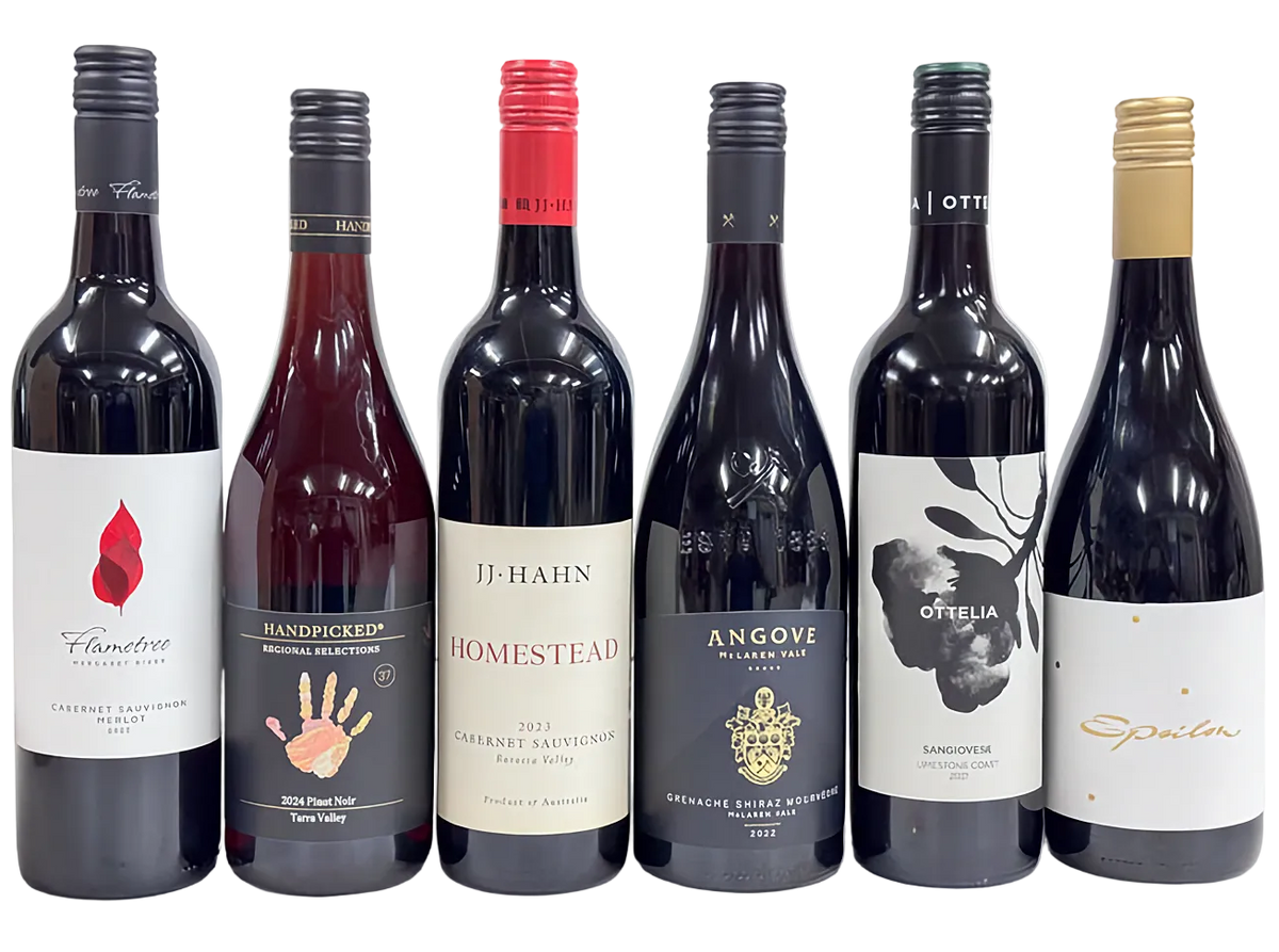 Six bottles of wine from different brands on a white background