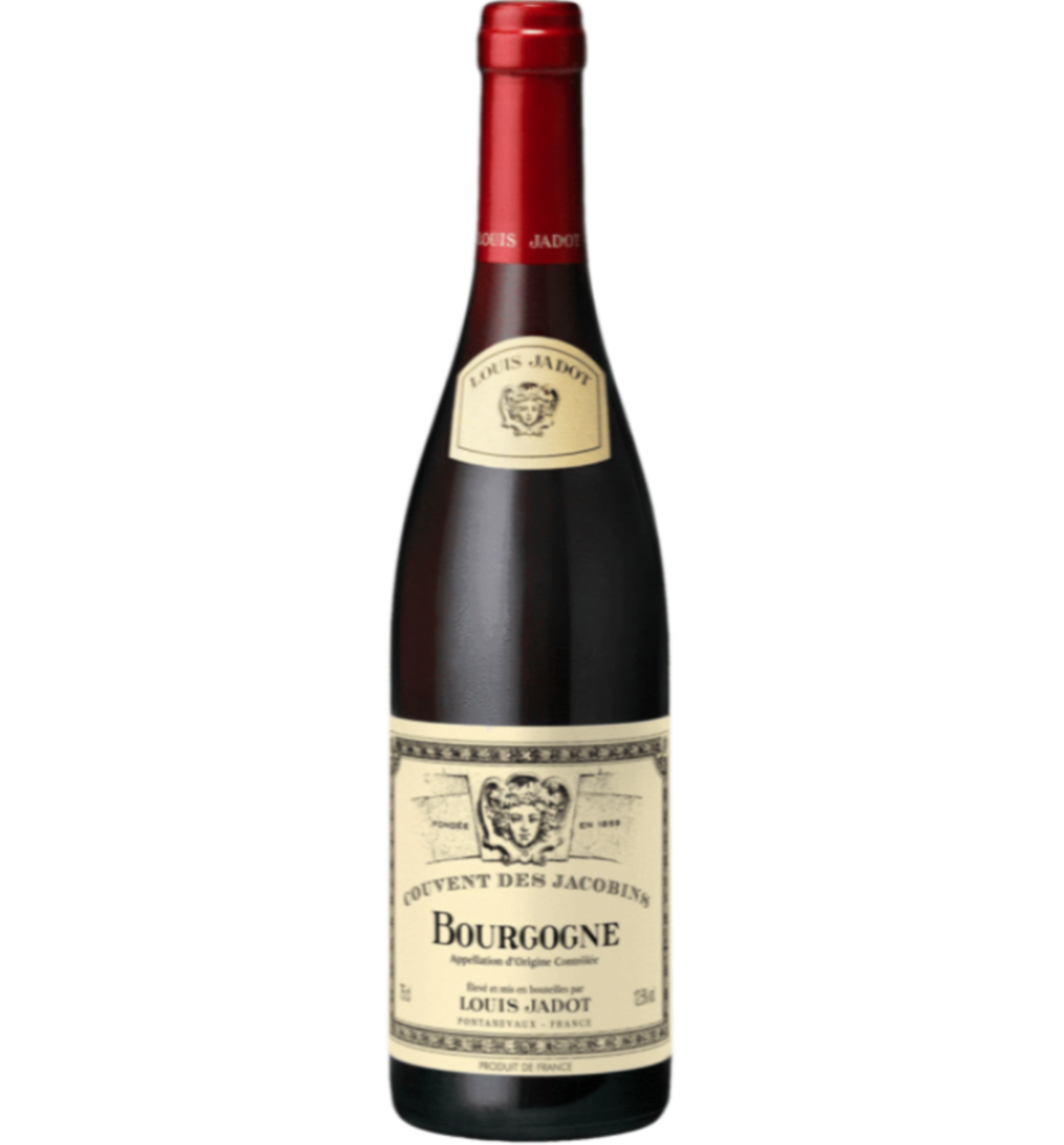 Bottle of Louis Jadot Bourgogne Couvent des Jacobins Pinot Noir, elegant red Burgundy wine with ripe cherry