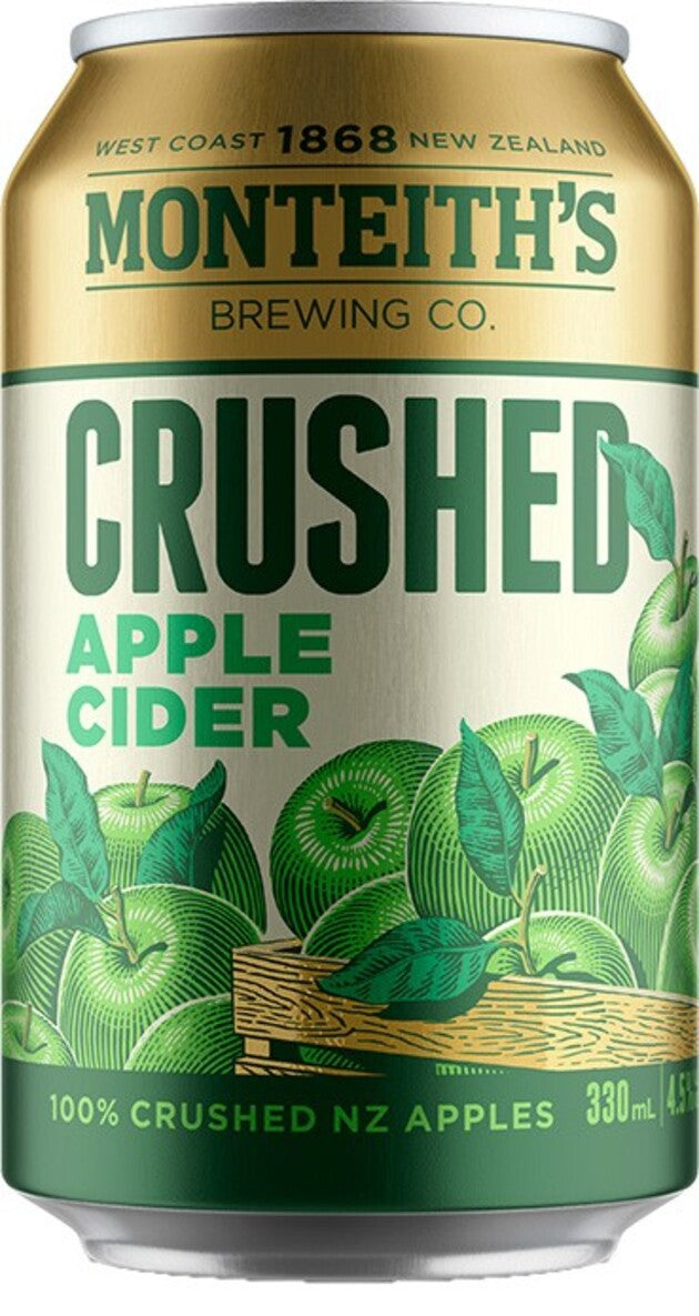Monteith's Crushed Apple Cider, a refreshing cider with crisp apple flavor and a smooth, fruity finish.