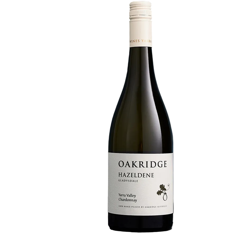 Wine bottle labeled 'Oakridge Hazeldene' on a dark surface with a gray textured background