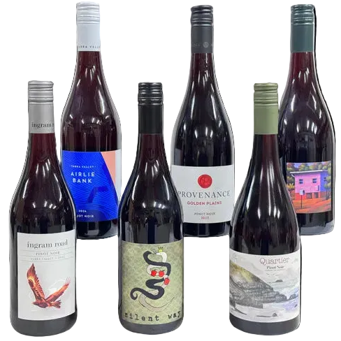 Collection of six wine bottles with various labels on a white background