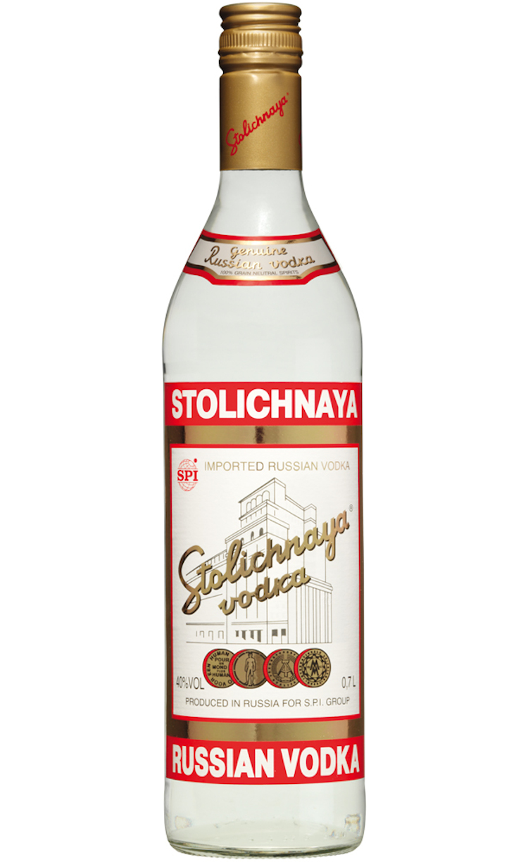 Stolichnaya Russian Vodka, a premium vodka known for its smooth, clean taste and authentic Russian heritage.