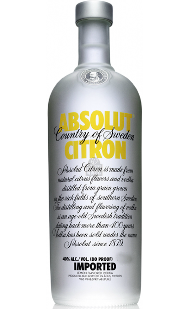 Absolut Citron lemon-flavored vodka bottle, a premium Swedish spirit