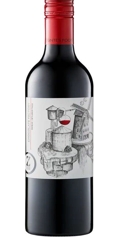 Red wine bottle with a decorative label on a white background