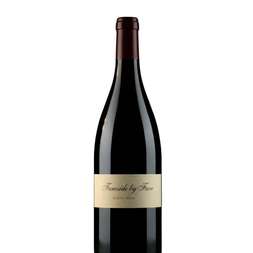 A single bottle of 'Furnise by Farr' Redmond Hills Pinot Noir red wine, featuring a dark glass bottle with a cream-colored label and a dark red foil capsule, set against a dark studio background.