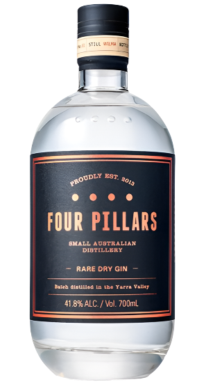 Four Pillars Rare Dry Gin 700ml bottle, showcasing its distinct black label and Australian small-batch distillery details from the Yarra Valley.