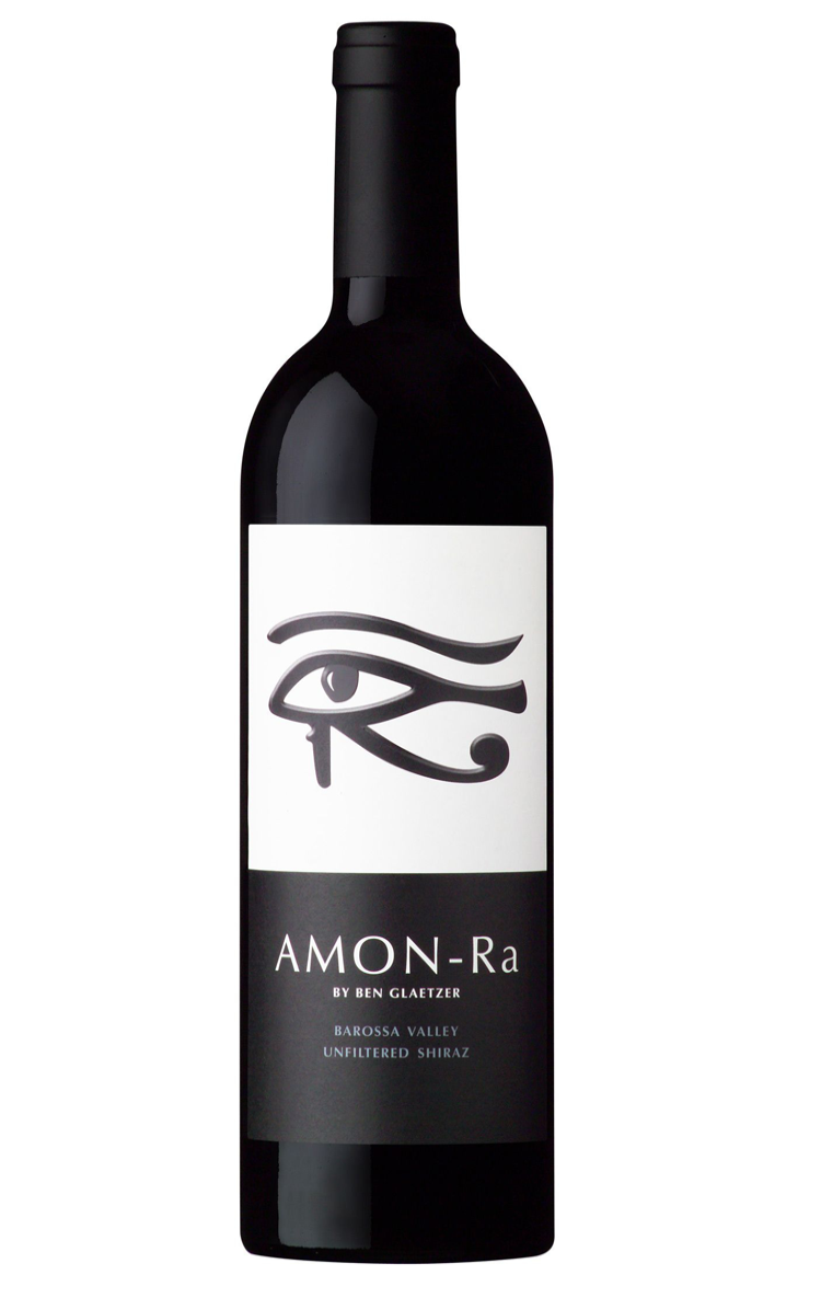 A dark glass bottle of Glaetzer Amon-Ra Barossa Valley Unfiltered Shiraz red wine