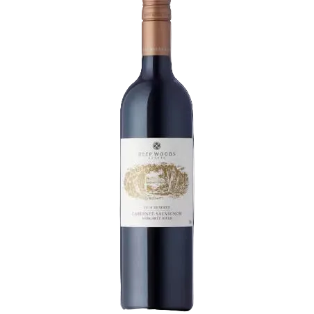 A bottle of Deep Woods Estate 2018 Reserve Cabernet Sauvignon, featuring a dark glass bottle with a cream-colored label and a metallic copper-colored foil capsule at the neck, set against a plain white background.