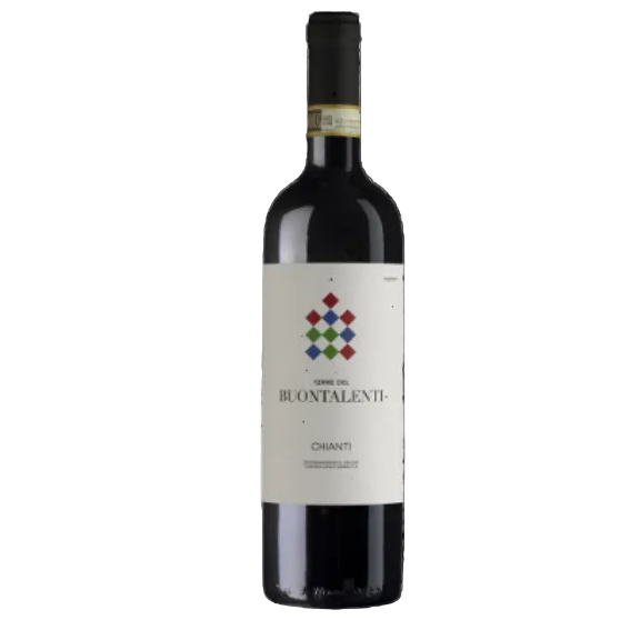 Wine bottle with a colorful label on a black background