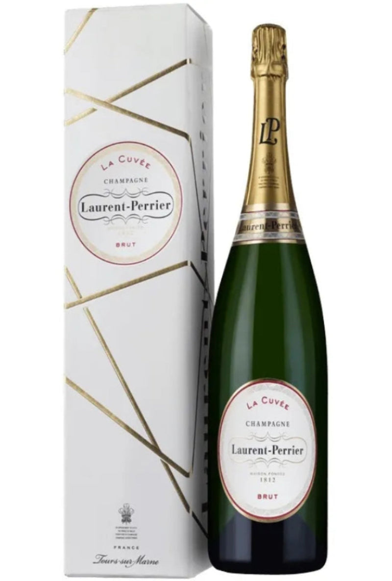 Laurent Perrier La Cuvée Brut Champagne bottle and white gift box, showcasing the elegant French sparkling wine