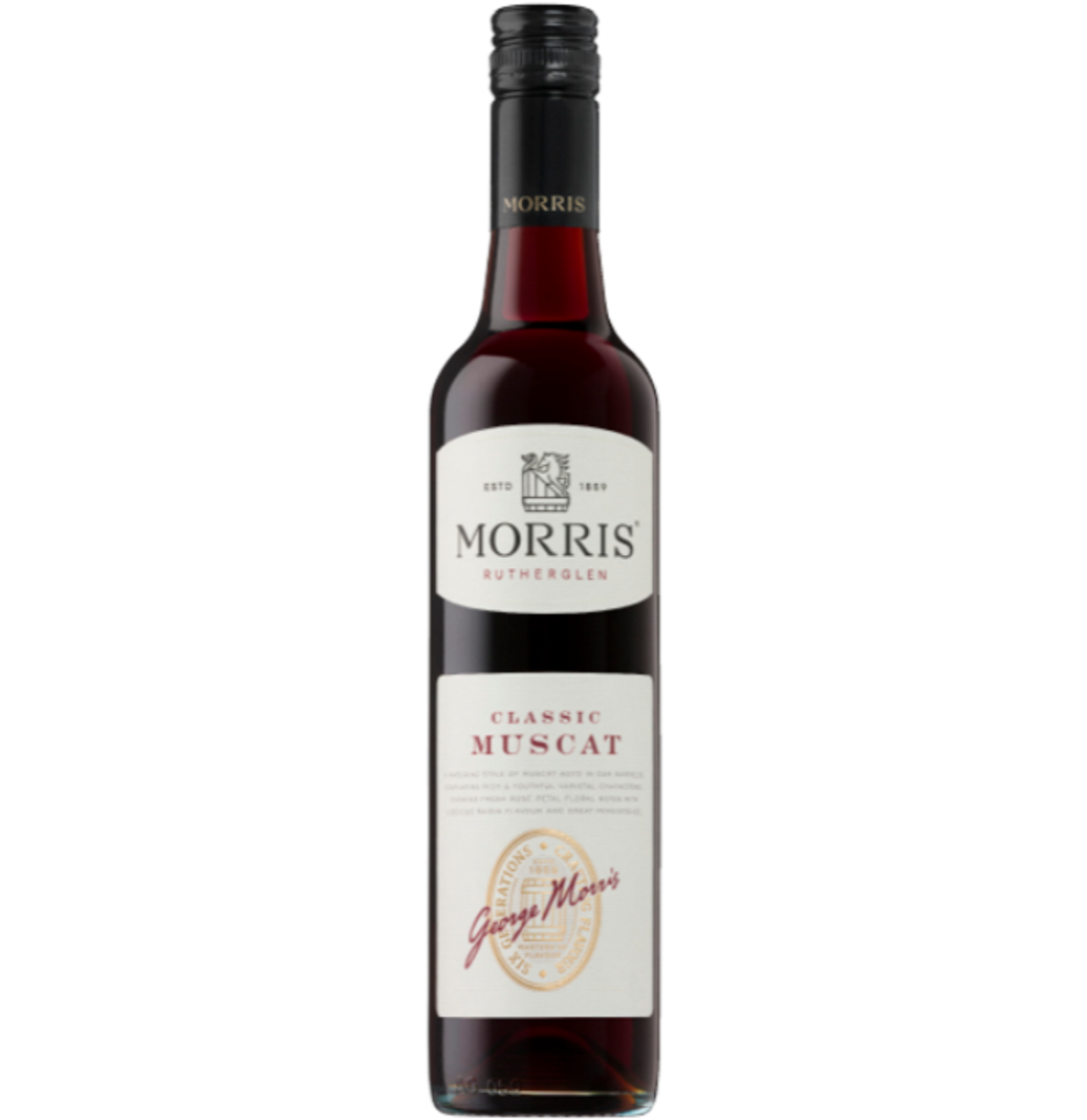Bottle of Morris Classic Muscat, a rich, amber-hued fortified wine from Rutherglen, Australia