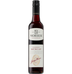 Bottle of Morris Classic Muscat, a rich, amber-hued fortified wine from Rutherglen, Australia