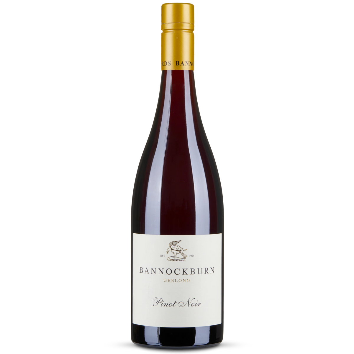 Bottle of Bannockburn Pinot Noir wine on a white background